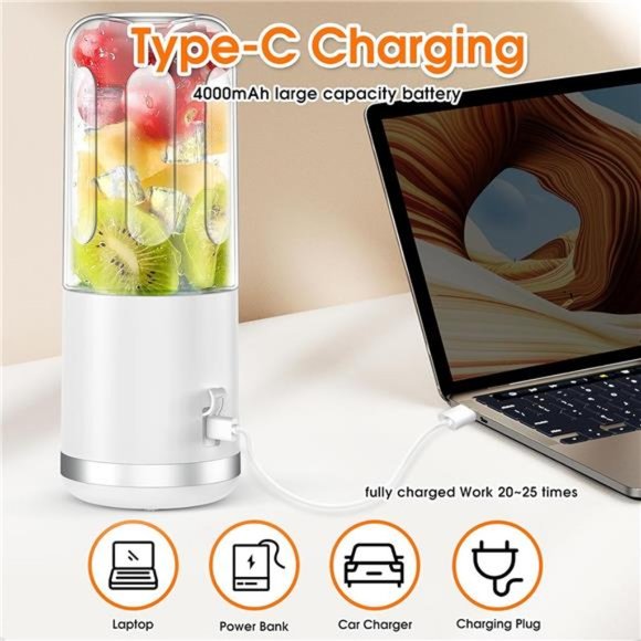 Portable Blender, Personal Blende, USB C Rechargeable, 15.2 Oz, White - Picture 5 of 7